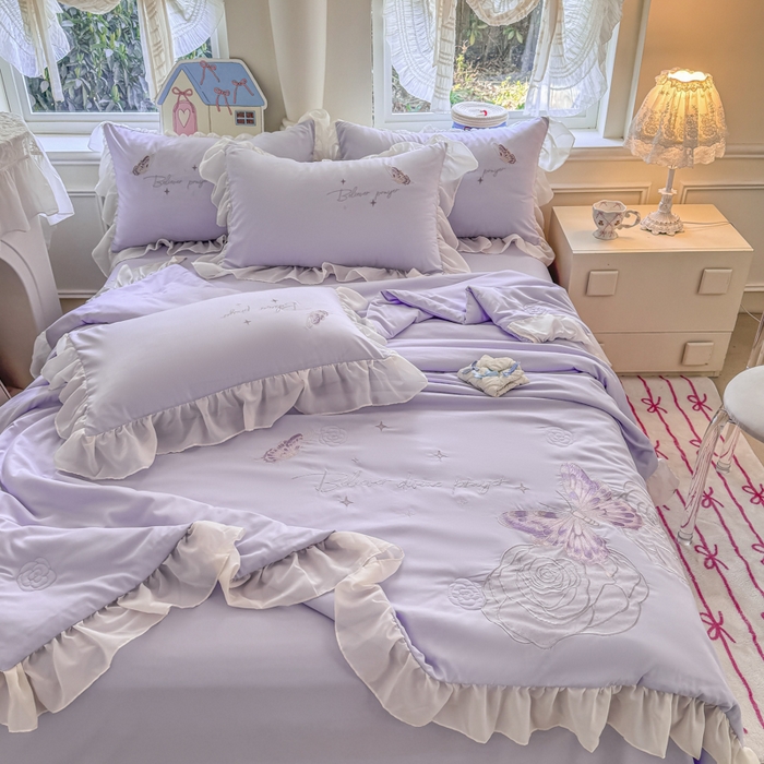 91家纺网 家纺一手货源 找家纺 凯美家居 2025新款超柔亲肤棉夏被回件套 夏被蝶恋花 浅紫