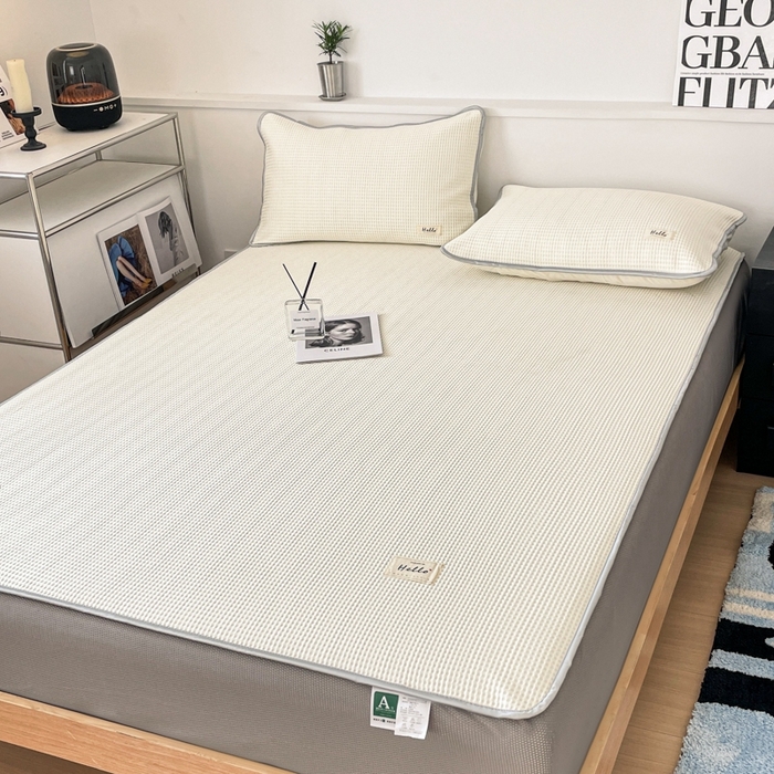 91家纺网 家纺一手货源 找家纺 吉象2025新款A类床笠款软凉席 华夫格象牙白