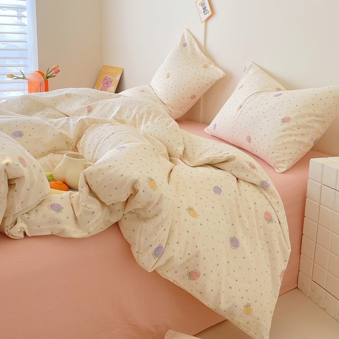 91家纺网 家纺一手货源 找家纺 于果 2025新款全棉双层纱四件套第四批 草莓点点