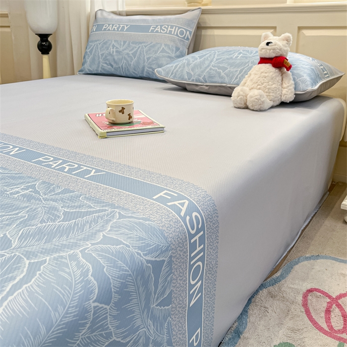 91家纺网 家纺一手货源 找家纺 星座家纺 2025新款斜纹提花凉感丝凉席床单款三件套 叶之语-蓝