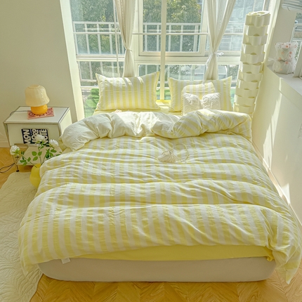 悦织湾家纺 2025新款水洗棉亲肤云朵条纹四件套 云朵条纹奶黄