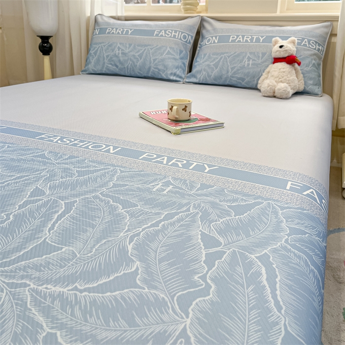 91家纺网 家纺一手货源 找家纺 星座家纺 2025新款斜纹提花凉感丝凉席床单款三件套 叶之语-蓝