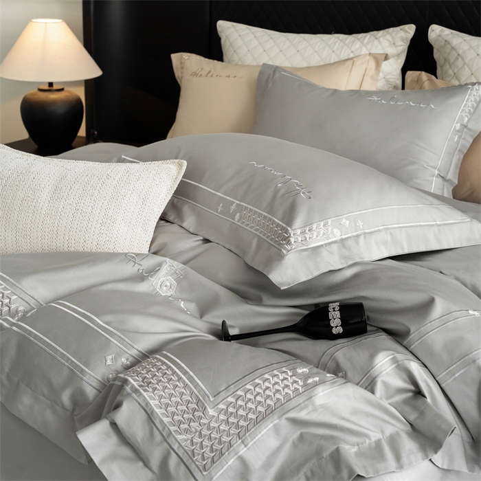 91家纺网 家纺一手货源 找家纺 保罗圣迪奥 2025新款全棉长绒棉刺绣四件套-星光 星光-灰