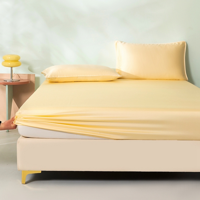 91家纺网 家纺一手货源 找家纺 百寐  2025新款素色纯色100s兰精天丝床单床笠 床笠-奶昔黄