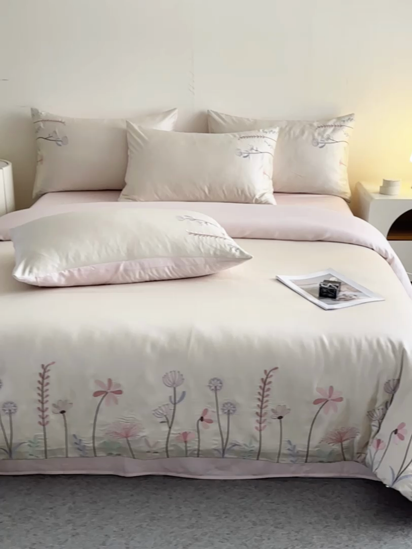 91家纺网 家纺一手货源 找家纺 618家纺 2025新款60S100支进口兰精天丝四件套-初夏 天丝初夏粉玉