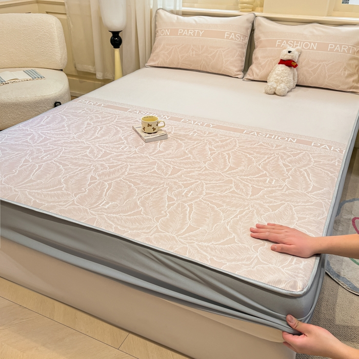 91家纺网 家纺一手货源 找家纺 星座家纺 2025新款斜纹提花凉感丝凉席床笠款三件套 床笠-叶之语-奶咖