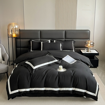 91家纺网 家纺一手货源 找家纺 麒东家纺 2025年立体宽边工艺款纯色四件套 炫酷黑