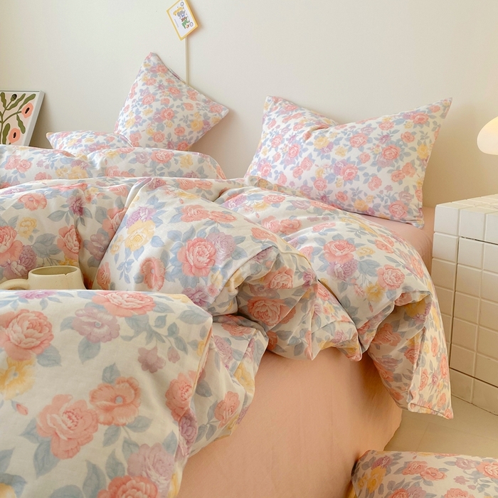 91家纺网 家纺一手货源 找家纺 于果 2025新款全棉双层纱四件套第四批 春色