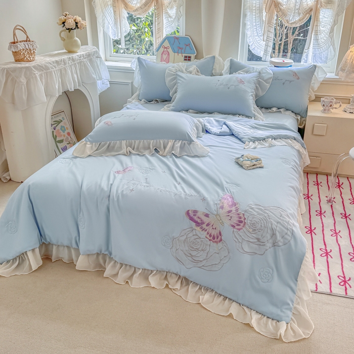 91家纺网 家纺一手货源 找家纺 凯美家居 2025新款超柔亲肤棉夏被回件套 夏被蝶恋花 浅蓝