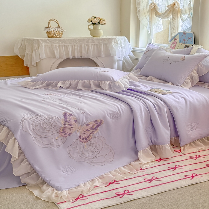 91家纺网 家纺一手货源 找家纺 凯美家居 2025新款超柔亲肤棉夏被回件套 夏被蝶恋花 浅紫