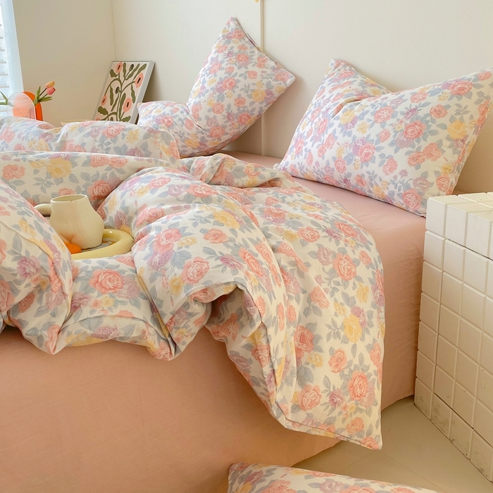 91家纺网 家纺一手货源 找家纺 于果 2025新款全棉双层纱四件套第四批 春色