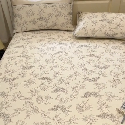 91家纺网 家纺一手货源 找家纺 星座家纺 2025新款斜纹提花凉感丝凉席床单款三件套 午后茶花