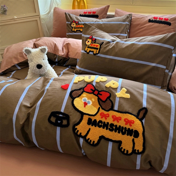 91家纺网 家纺一手货源 找家纺 启程2025全棉13372毛巾绣四件套 可爱汪-咖