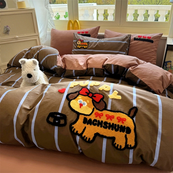 91家纺网 家纺一手货源 找家纺 启程2025全棉13372毛巾绣四件套 可爱汪-咖