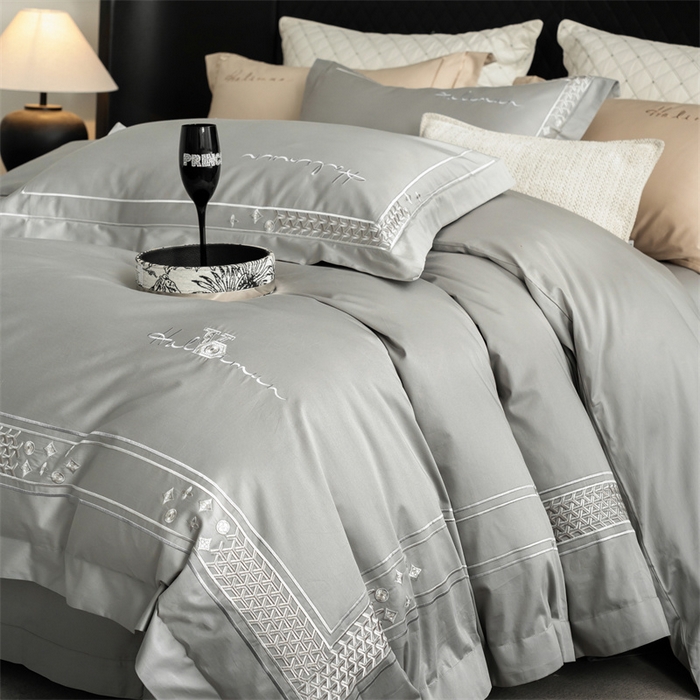 91家纺网 家纺一手货源 找家纺 保罗圣迪奥 2025新款全棉长绒棉刺绣四件套-星光 星光-灰