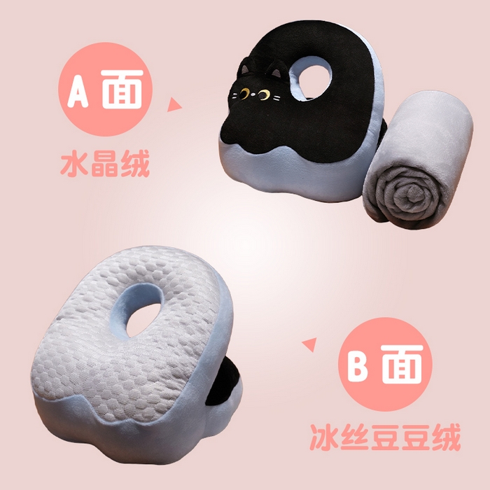 91家纺网 家纺一手货源 找家纺 仟亿莱 2025新款翘尾猫冰丝豆豆双面午睡枕 双面黑巧黑喵