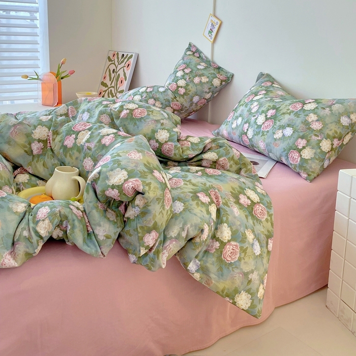 91家纺网 家纺一手货源 找家纺 于果 2025新款全棉双层纱四件套第四批 仙境绿