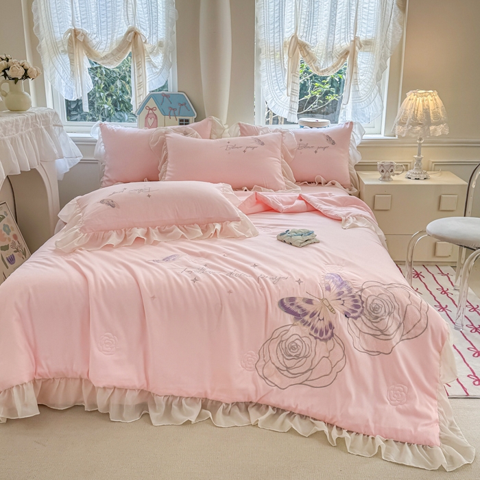 91家纺网 家纺一手货源 找家纺 凯美家居 2025新款超柔亲肤棉夏被回件套 夏被蝶恋花 粉玉