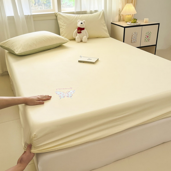 91家纺网 家纺一手货源 找家纺 泽西2025新品全棉卡通床笠 快乐蝶-奶油黄