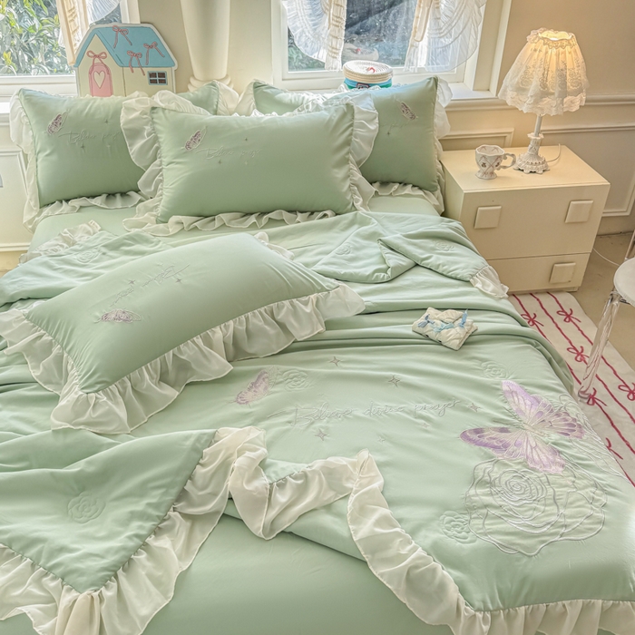 91家纺网 家纺一手货源 找家纺 凯美家居 2025新款超柔亲肤棉夏被回件套 夏被蝶恋花 豆绿