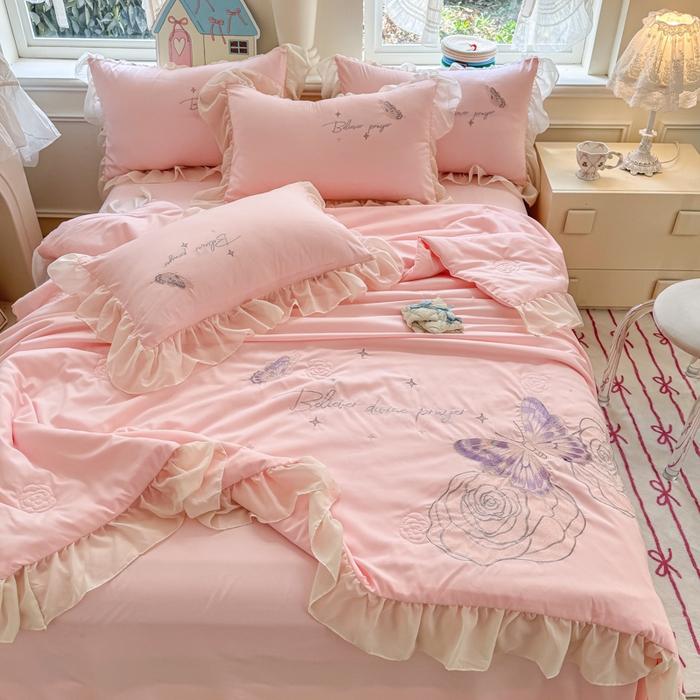 91家纺网 家纺一手货源 找家纺 凯美家居 2025新款超柔亲肤棉夏被回件套 夏被蝶恋花 粉玉