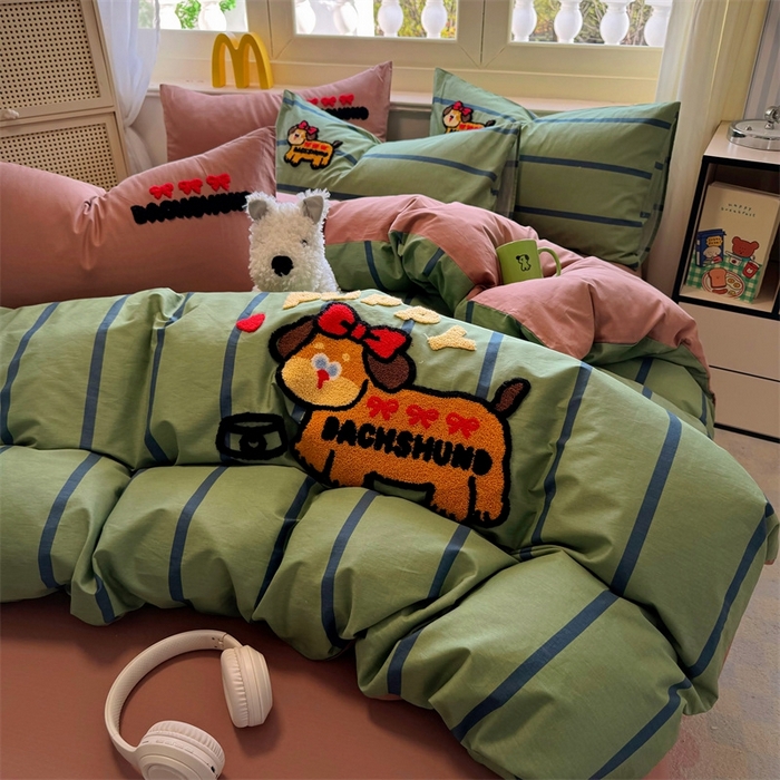 91家纺网 家纺一手货源 找家纺 启程2025全棉13372毛巾绣四件套 可爱汪-绿