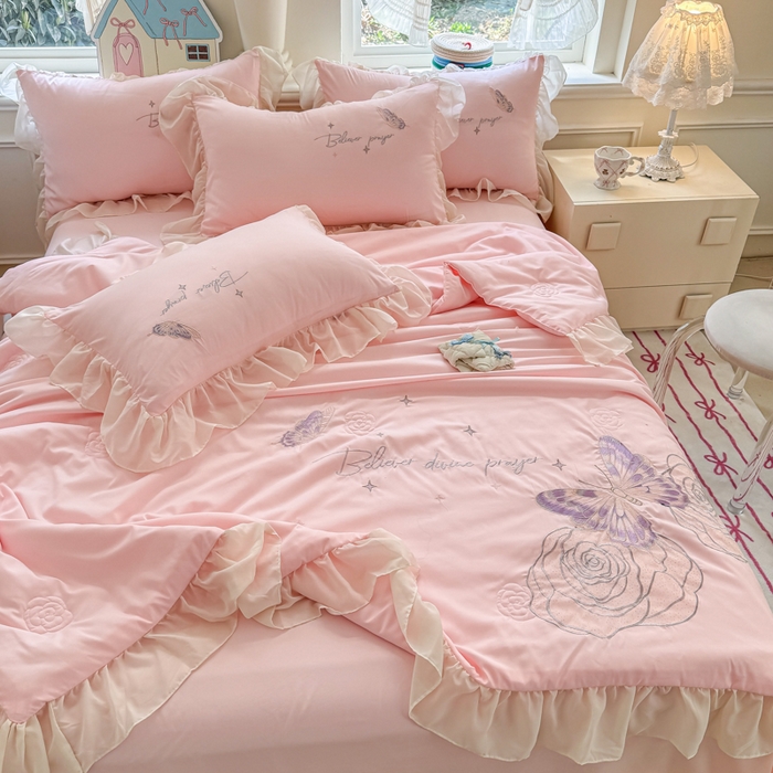 91家纺网 家纺一手货源 找家纺 凯美家居 2025新款超柔亲肤棉夏被回件套 夏被蝶恋花 粉玉