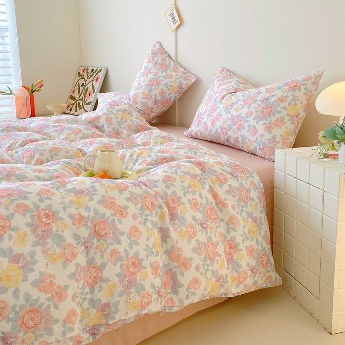 91家纺网 家纺一手货源 找家纺 于果 2025新款全棉双层纱四件套第四批 春色