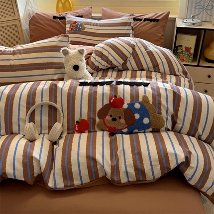 启程2025全棉13372毛巾绣四件套 波点狗狗