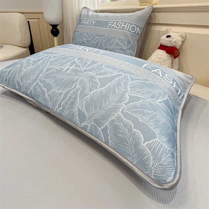 91家纺网 家纺一手货源 找家纺 星座家纺 2025新款斜纹提花凉感丝凉席床单款三件套 叶之语-蓝