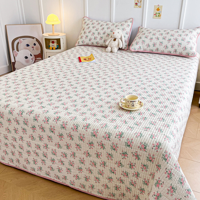 91家纺网 家纺一手货源 找家纺 梵朴 2025新款跑量款纯棉印花床盖三件套 粉玫瑰