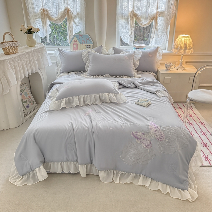 91家纺网 家纺一手货源 找家纺 凯美家居 2025新款超柔亲肤棉夏被回件套 夏被蝶恋花 浅灰