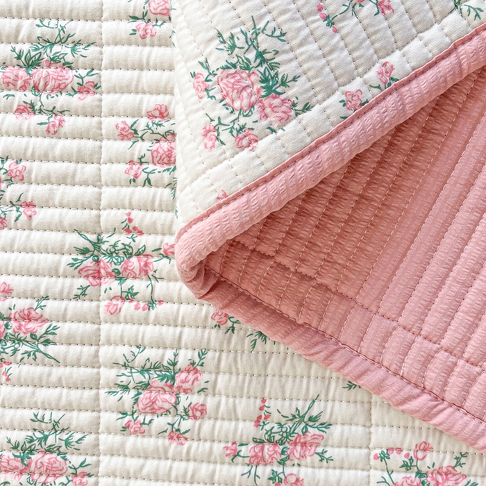 91家纺网 家纺一手货源 找家纺 梵朴 2025新款跑量款纯棉印花床盖三件套 粉玫瑰