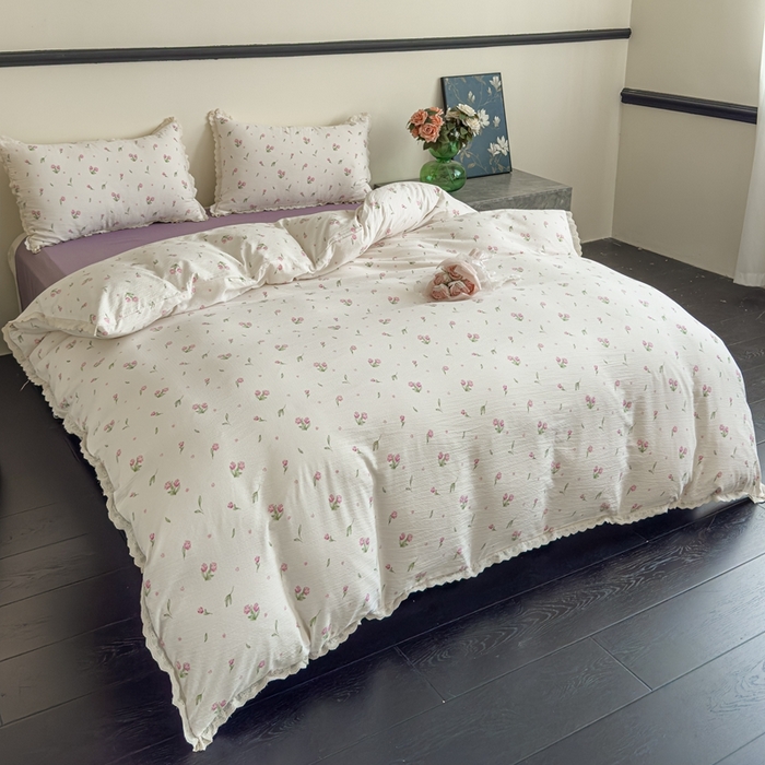 91家纺网 家纺一手货源 找家纺 可思家纺 2025新款法式皱皱纱四件套 小玫瑰