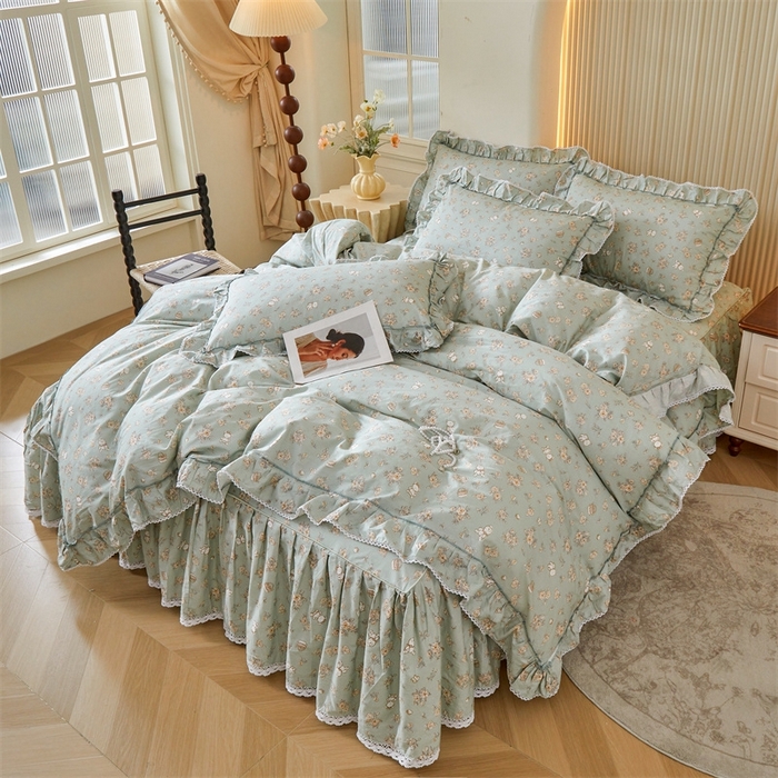 91家纺网 家纺一手货源 找家纺 缦彩 2025新款韩版纯棉床裙四件套 贝丽花都