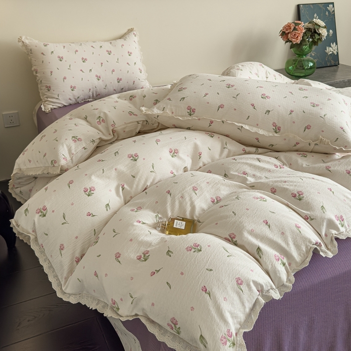 91家纺网 家纺一手货源 找家纺 可思家纺 2025新款法式皱皱纱四件套 小玫瑰