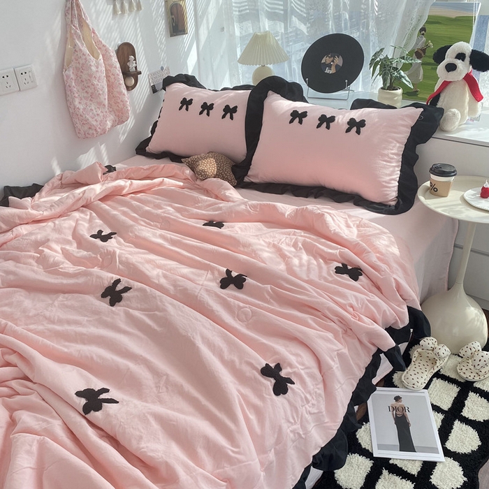 91家纺网 家纺一手货源 找家纺 2025新款毛巾绣单夏被夏被四件套 蝴蝶结 -粉