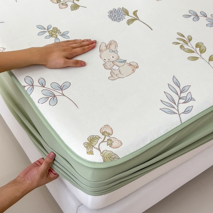 91家纺网 家纺一手货源 找家纺 2025年新款600D丝滑冰丝凉席-床笠款 蘑菇小兔