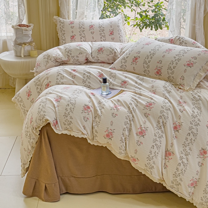 91家纺网 家纺一手货源 找家纺 可思家纺 2025新款法式皱皱纱四件套 赫拉花园米