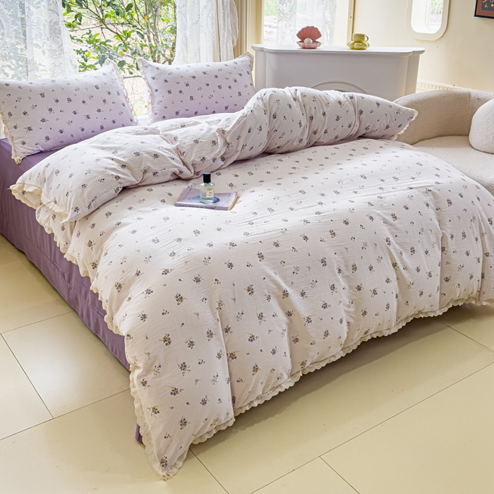 91家纺网 家纺一手货源 找家纺 可思家纺 2025新款法式皱皱纱四件套 铃兰紫