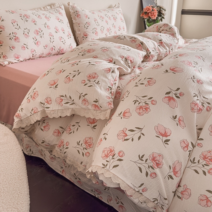 91家纺网 家纺一手货源 找家纺 可思家纺 2025新款法式皱皱纱四件套 粉佳人