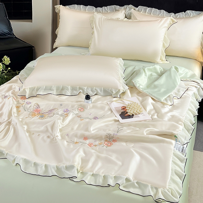 91家纺网 家纺一手货源 找家纺 梦舒羽 2025新款刺绣水洗真丝花边夏被四件套宿舍夏凉被床单枕套三件套-蝶梦花边款 蝶梦-绿 花边款