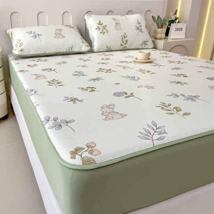 91家纺网 家纺一手货源 找家纺 2025年新款600D丝滑冰丝凉席-床笠款 蘑菇小兔