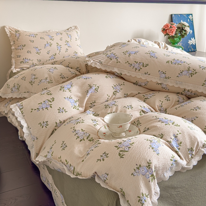 91家纺网 家纺一手货源 找家纺 可思家纺 2025新款法式皱皱纱四件套 夏栀