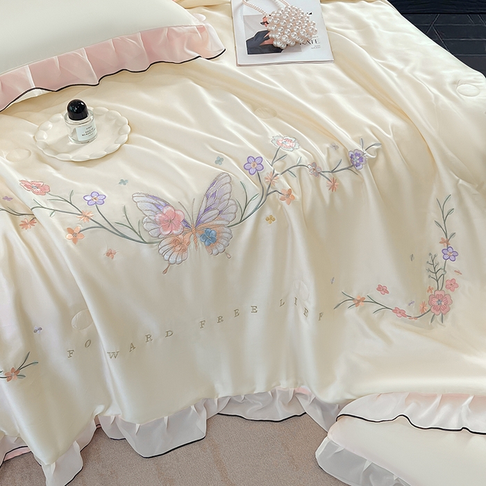 91家纺网 家纺一手货源 找家纺 梦舒羽 2025新款刺绣水洗真丝花边夏被四件套宿舍夏凉被床单枕套三件套-蝶梦花边款 蝶梦-粉 花边款