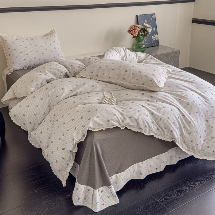 91家纺网 家纺一手货源 找家纺 可思家纺 2025新款法式皱皱纱四件套 甜心格子