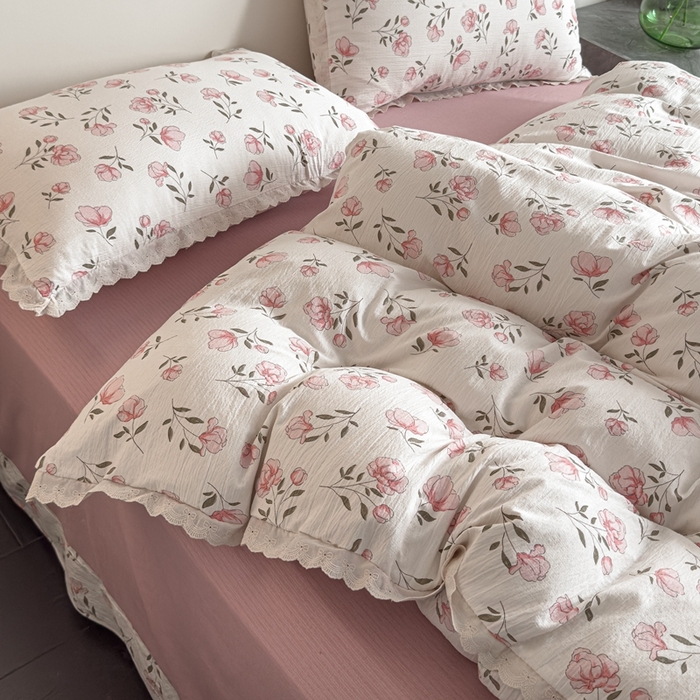 91家纺网 家纺一手货源 找家纺 可思家纺 2025新款法式皱皱纱四件套 粉佳人