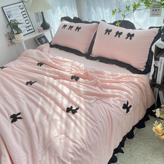 91家纺网 家纺一手货源 找家纺 2025新款毛巾绣单夏被夏被四件套 蝴蝶结 -粉