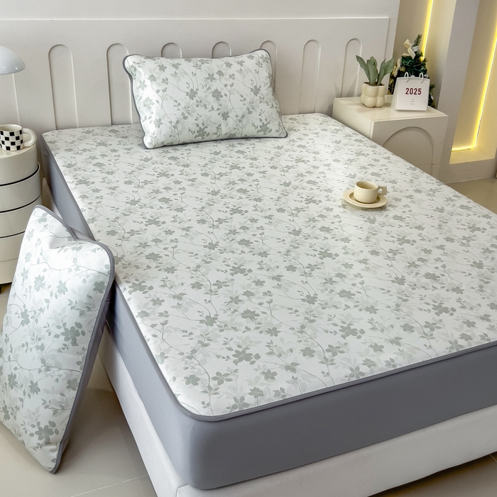 91家纺网 家纺一手货源 找家纺 2025年新款600D丝滑冰丝凉席-床笠款 花点点绿