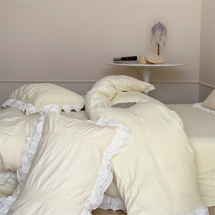 91家纺网 家纺一手货源 找家纺 尺素 2025纯棉双层花边韩式四件套全棉纯色ins风民宿被套纯色1.8床笠双人加大床单公主风床上用品 奶泡泡-芝芝软芙